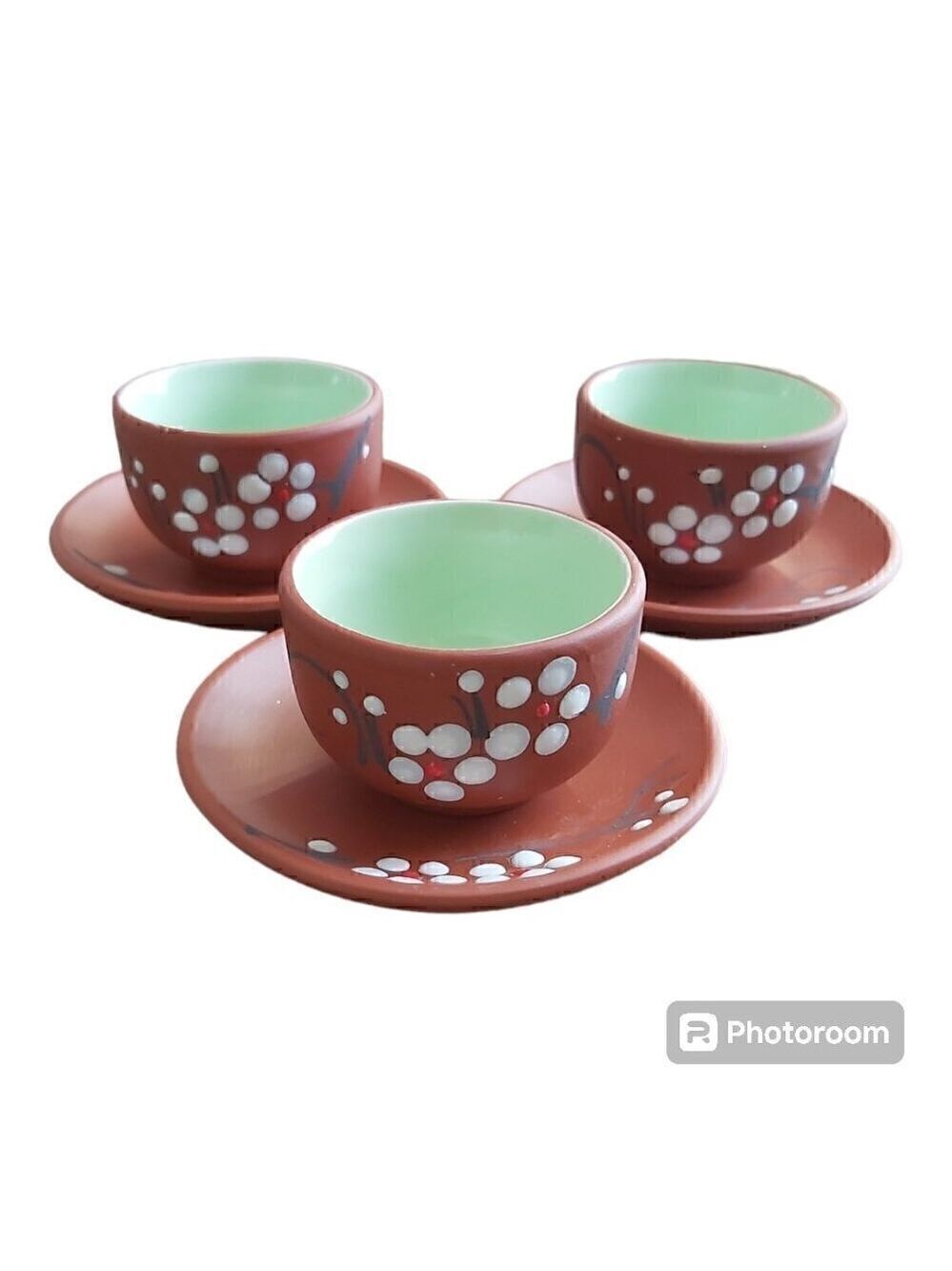 Hand-Painted Ochoko Sake Set – Terracotta & Teal Plum Blossom Design - Set Of 3
